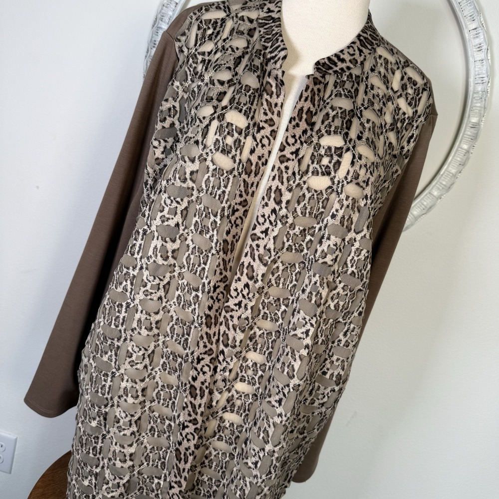 Chico's Women's Black Tan Leopard Mesh Open Front Duster Tunic Cardigan  3 = XL